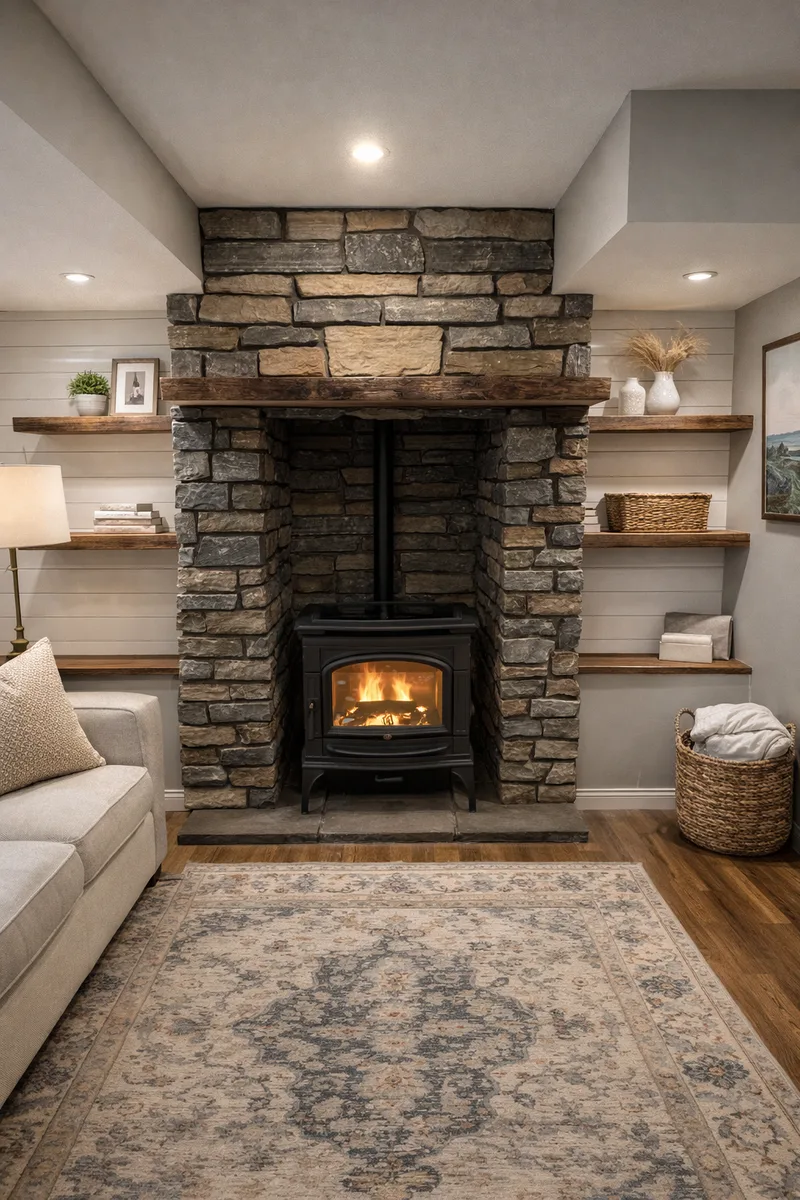 Custom floor-to-ceiling stone fireplace with reclaimed wood mantel and floating shelves